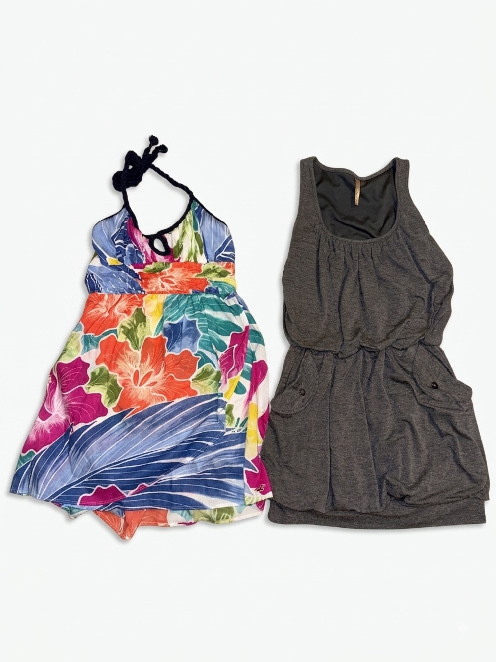 LOT OF 2 Y2K Mini Dresses: Hollister Tropical Halter & Papaya Charcoal Gray⁠
